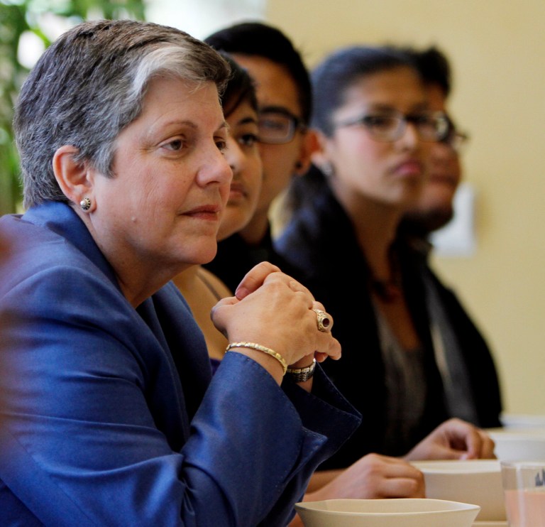 University of California President Janet Napolitano has lunch at the Bruin Plate with students at UCLA in Westwood, Calif., on Friday, Oct. 11, 2013. Napolitano toured UCLA for the first time, meeting privately with administrators, faculty and students. (AP Photo/Los Angeles Times, Francine Orr, Pool)