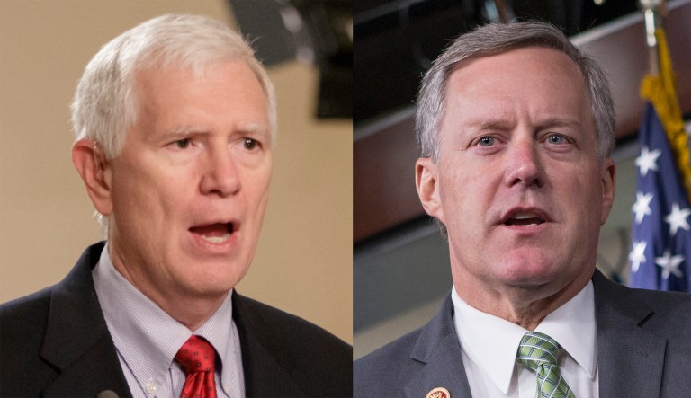 Reps. Mo Brooks of Alabama and Mark Meadows of North Carolina, are relatively optimistic that they'd be able to shake off former FBI Director James Comey's dramatic testimony and refocus on their agenda. (AP Photo/J. Scott Applewhite, File)