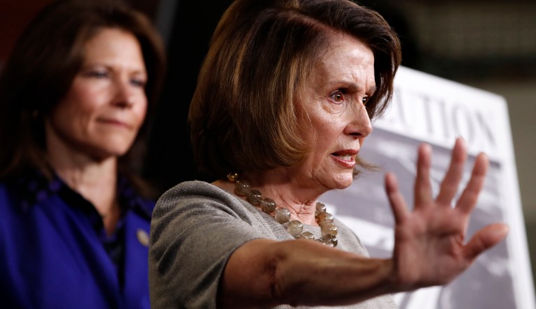 House Minority Leader Nancy Pelosi speaks to the media, Thursday, Feb. 8, 2018, on Capitol Hill in Washington. (AP Photo/Jacquelyn Martin)