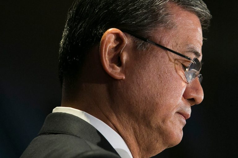Eric Shinseki, secretary of Veterans Affairs, pauses while delivering remarks at a National Coalition for Homeless Veterans meeting in Washington Friday morning. (Graeme Jennings/Washington Examiner)