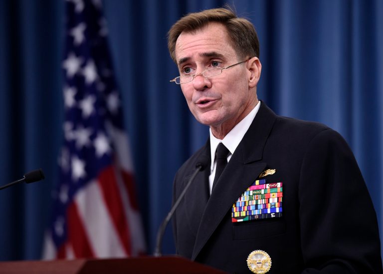 FILE - In this Sept. 2, 2014, file photo, Pentagon press secretary Navy Rear Adm. John Kirby speaks during a briefing at the Pentagon. The Pentagon on Monday night, Sept. 22, says the U.S. and partner nations have begun airstrikes in Syria against Islamic State militants, using a mix of fighter jets, bombers and Tomahawk missiles fired from ships in the region. Kirby says that because the military operation is ongoing, no details can be provided yet. He says the decision to strike was made early Monday by the military. (AP Photo/Susan Walsh, File)