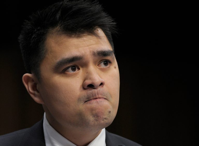 FILE - In this Feb. 13, 2013 file photo, Pulitzer Prize-winning journalist, immigration rights activist and self-declared undocumented immigrant Jose Antonio Vargas becomes emotional as he testifies about comprehensive immigration reform during a hearing of the Senate Judiciary Committee on Capitol Hill in Washington. Vargas, a former Washington Post journalist who later revealed he has been living in the country illegally since childhood has made a documentary about his experience and announced Tuesday that he is selling broadcast rights for the project to CNN Films. (AP Photo/Susan Walsh, File)
