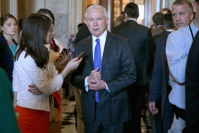 Sen. Jeff Sessions, R-Ala., talks with reporters following the weekly Democratic Senate policy luncheon at the U.S. Capitol June 23, 2015 in Washington, D.C. (Photo by Chip Somodevilla/Getty Images)