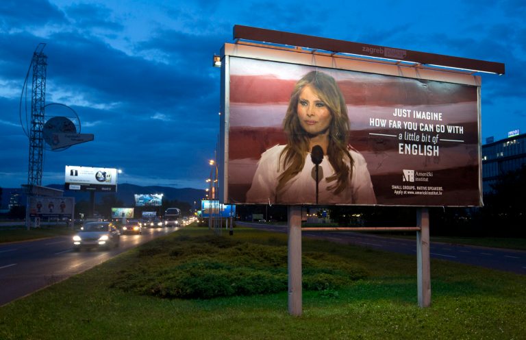 A private language school in the Croatian capital of Zagreb is using a photo of first lady Melania Trump in its advertising campaign to promote learning English. (AP Photo/Darko Bandic)