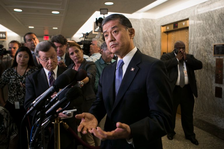 Veterans Affairs Secretary Eric Shinseki listens to a reporters question while speaking with the news media on Capitol Hill in Washington earlier this month.(AP Photo/Cliff Owen)