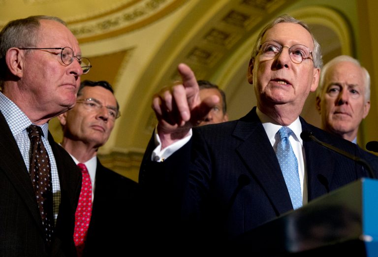 Senate Majority Leader Mitch McConnell of Ky., joined by from left, Sen. Lamar Alexander, R-Tenn., Sen. John Barrasso, R-Wy., Sen. John Thune, R-S.D., and Sen. John Cornyn, R-Texas., speaks to media after a policy luncheon on Capitol Hill in Washington, Wednesday, July 8, 2015. (AP Photo/Carolyn Kaster)