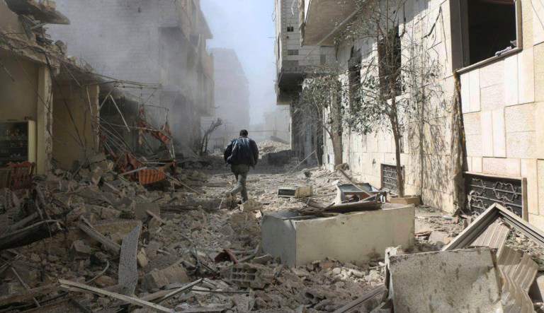 Syrian President Bashar Assad and pro-regime forces have subjected eastern Ghouta, a district on the outskirts of Damascus, to an intense barrage of airstrikes in recent days despite the dense civilian population. (Ghouta Media Center via AP)
