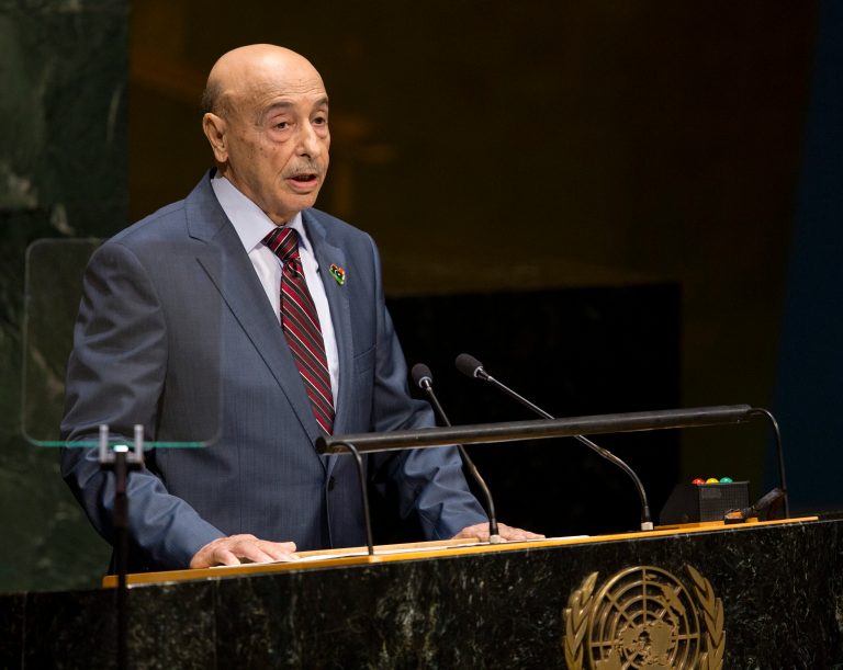 Agila Saleh Essa Gwaider, President of the House of Representatives, of Libya, addresses the 69th United Nations General Assembly at U.N. headquarters, Saturday, Sept. 27, 2014. (AP Photo/Craig Ruttle)