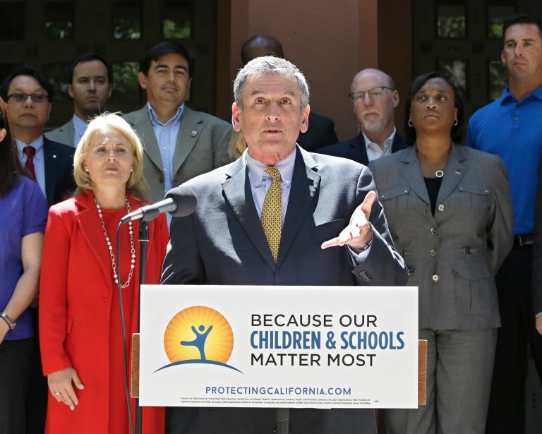 Eric Heins, president of the California Teachers Association, speaks at a news conference, Wednesday, May 11, 2016, in Sacramento, Calif. (AP Photo/Rich Pedroncelli)