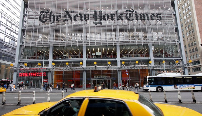 In this 2011 photo, traffic passes the New York Times building, in New York City. Last week, Twitter users criticized New York Times writer Bari Weiss after she sent out a tweet about an Olympic figure skater that was meant as a celebration of immigrants. (AP Photo/Mark Lennihan, File)