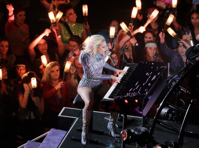 Lady Gaga performs during the halftime show of NFL Super Bowl 51, Sunday, Feb. 5, 2017, in Houston. (AP Photo/Charlie Riedel)