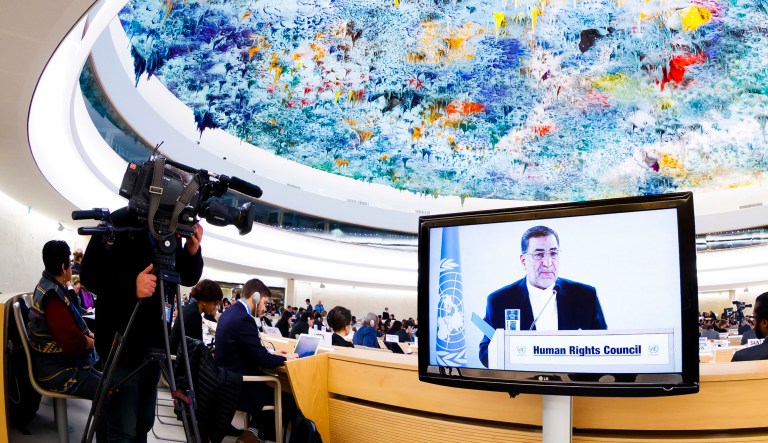 Seyyed Alireza Avaei, minister of justice of the Islamic Republic of Iran, addressed the U.N. Human Rights Council on Tuesday. (Valentin Flauraud/Keystone via AP)