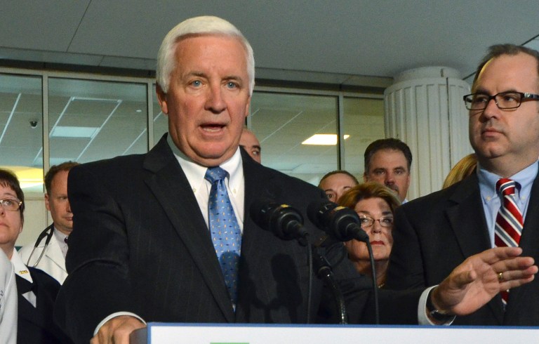 FILE - In this Sept. 15, 2013 file photo, Gov. Tom Corbett speaks during a news conference in Harrisburg, Pa. A drop in the amount of federal Medicaid matching dollars for Pennsylvania's services for the poor and disabled could be the latest significant budget challenge facing Corbett, administration officials said Tuesday. (AP Photo/Marc Levy, File)