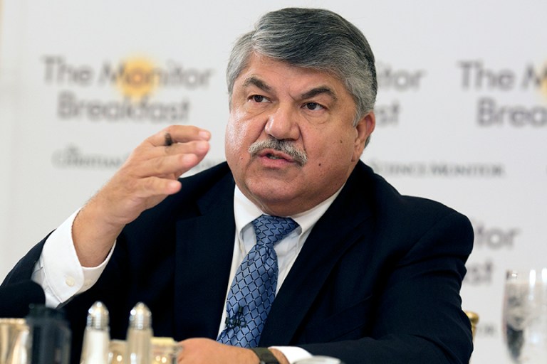 AFL-CIO President Richard Trumka release a poll showing union members with better time off benefits. Michael Bonfigli/The Christian Science Monitor