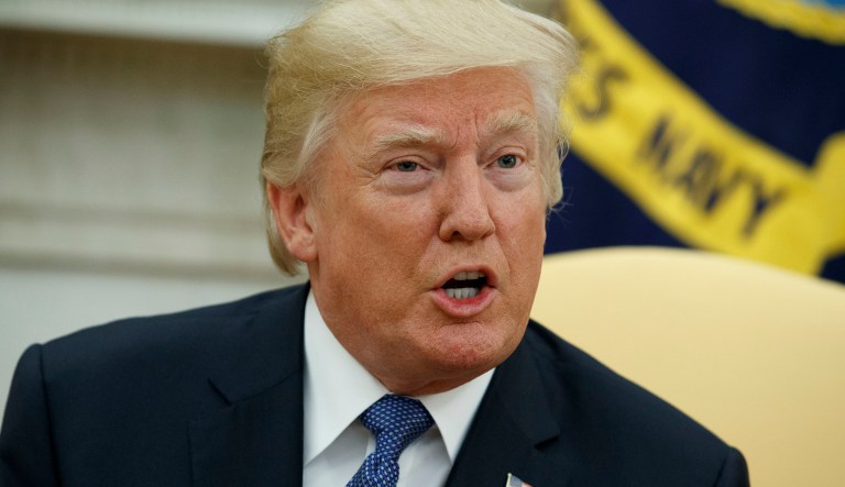 President Donald Trump speaks during a meeting with former Secretary of State Henry Kissinger in the Oval Office of the White House, Tuesday, Oct. 10, 2017, in Washington. (AP Photo/Evan Vucci)