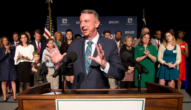 Republican gubernatorial candidate Ed Gillespie gestures as he delivers a concession speech during an election party in Richmond, Va., Tuesday, Nov. 7, 2017. Gillespie lost to Democrat Ralph Northam. (AP Photo/Steve Helber)
