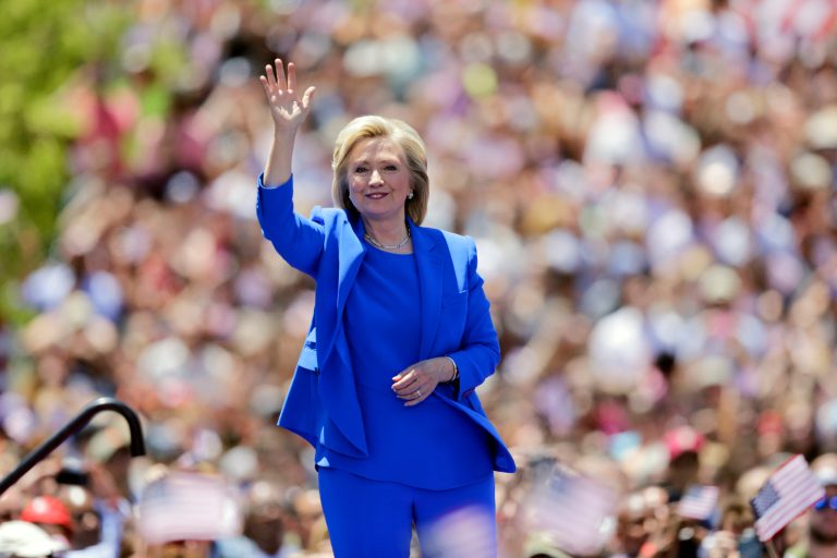 Democratic presidential candidate, former Secretary of State Hillary Rodham Clinton waves to supporters Saturday, June 13, 2015, on Roosevelt Island in New York. (AP Photo/Frank Franklin II)