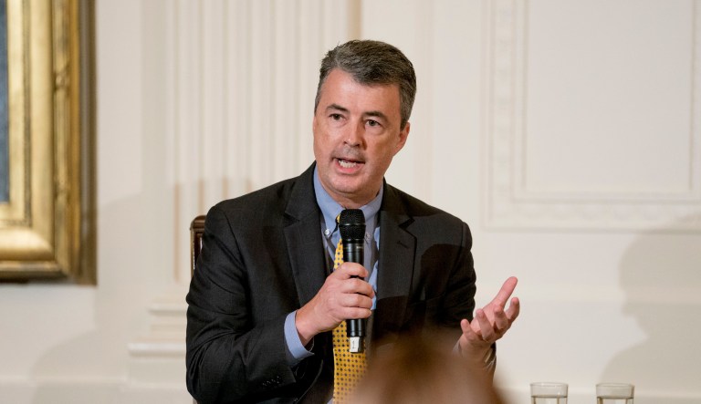 FILE - In this Aug. 20, 2018, file photo, Alabama Attorney General Steve Marshall speaks at a roundtable during an event to salute U.S. Immigration and Customs Enforcement (ICE) officers and U.S. Customs and Border Protection (CBP) agents in the East Room of the White House in Washington.