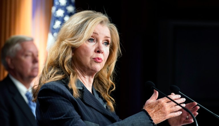 Senate Judiciary Committee member Sen. Marsha Blackburn speaks during a press conference, as the Senate holds a confirmation vote for Supreme Court nominee Judge Ketanji Brown Jackson on Capitol Hill, Thursday, April 7, 2022, in Washington. 