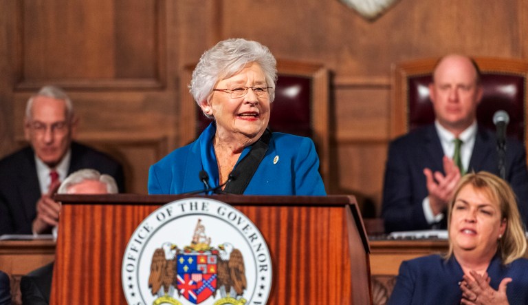 Gov. Kay Ivey gives the State of the State Address to a joint session of the Alabama Legislature on Tuesday, Feb. 4, 2020, in the old House chamber of the Alabama State Capitol in Montgomery, Alabama. 