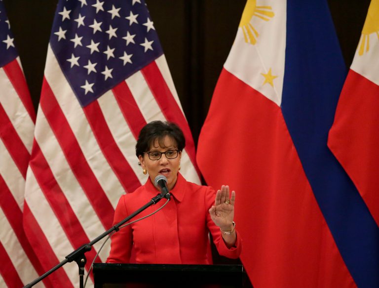 U.S. Secretary of Commerce Penny Pritzker addresses the American Chamber of Commerce and Filipino businessmen Wednesday, June 4, 2014 at the financial district of Makati city east of Manila, Philippines. Pritzker told American and Filipino business groups Wednesday that the United States has overinvested its diplomatic, economic and strategic resources in other parts of the world. She said it was committed to policies 