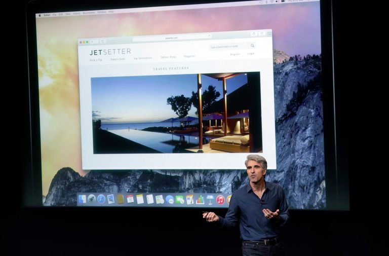 Craig Federighi, senior vice president of Software Engineering at Apple, discusses the new operating system update during an event at Apple headquarters on Thursday, Oct. 16, 2014 in Cupertino, Calif. (AP Photo/Marcio Jose Sanchez)