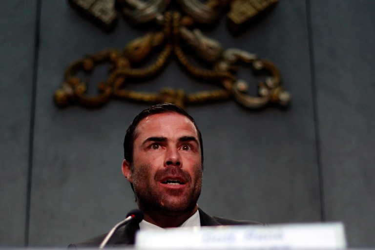 Rene Bruelhart, director of the Financial Information Authority, meets the journalists at the Vatican. Monday, May 14, 2014. The Vatican has seen a spike in the number of suspicious financial transactions being reported as its troubled bank goes through its books to review accounts. The Vatican's financial watchdog agency released its annual report Monday. The report showed that there were 202 suspicious transactions reported to the Financial Information Authority in 2013 compared to only six a year earlier and just one in 2011. Five of those 202 were referred onto Vatican prosecutors for possible investigation. Authority Director Rene Bruelhart said the spike doesn't mean that more illicit activity is taking place. He said it just means that new laws and procedures are being implemented and are working to flag potentially problematic transactions that may require further investigation. (AP Photo/Gregorio Borgia)