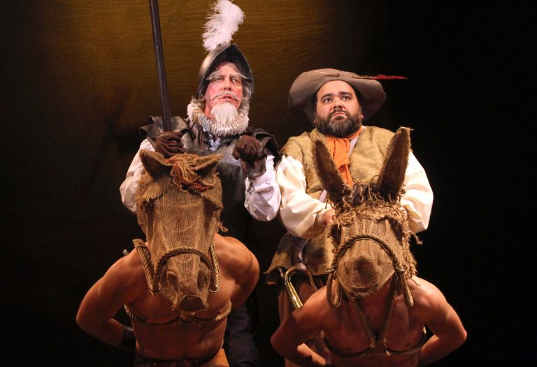   This June 7 2012 photo released by the University of Connecticut shows Terrence Mann, left, and Richard Ruiz Performing in a theater production of Man of La Mancha on the university campus in Storrs, Conn. Mann is spending his second summer at the Connecticut Repertory Theaterâs Nutmeg Summer Series, lending Broadway star power to help to establish the program as a summer destination for high-quality theater. (AP Photo/University of Connecticut, Gerry Goodstein)  