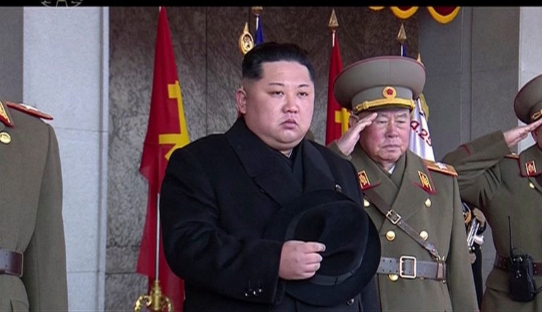 In this 2018 image made from video by North Korea's KRT, North Korean leader Kim Jong Un, center, attends a military parade in Pyongyang, North Korea. While Kim Jong Un is certainly a danger to anyone in the North Korean elite who tries to usurp his authority, Kim has proven to be an uncanny operator who understands when to pull back before crossing an irredeemable red line. (KRT via AP Video)