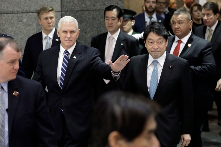 Vice President Mike Pence leaves with Japanese Defense Minister Itsunori Onodera, right, after a meeting at Defense Ministry in Tokyo Wednesday. (Kiyoshi Ota/Pool Photo via AP)