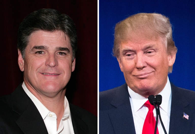 Trump (right), who is leading the Republican field in national polls, told Hannity that if he's doing well, he'll stay in the race regardless of the cost. (AP File Photos)
