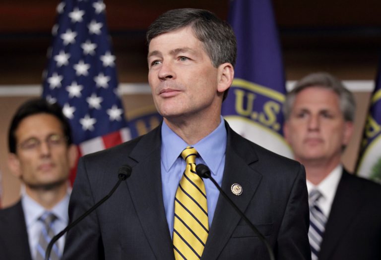 Rep. Jeb Hensarling, R-Texas, joined by House Majority Leader Eric Cantor, R-Va., left, and House Majority Whip Kevin McCarthy, R-Calif., right, speaks at a news conference as lawmakers work to finalize the debt deal agreement, on Capitol Hill in this photo taken Aug. 1, 2011. (AP Photo/J. Scott Applewhite)