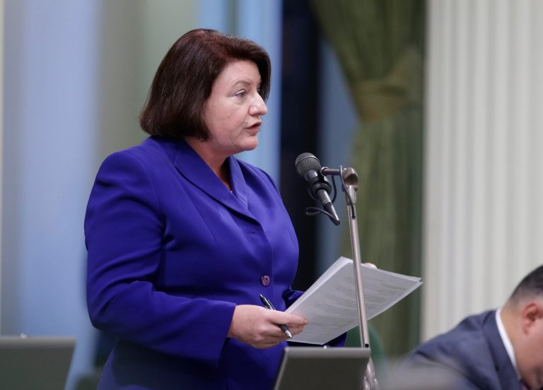 Assembly Speaker Toni Atkins, D-San Diego, urged passage of two procedural bills that relate to negotiations over a replacement water bond for the November ballot, before the Assembly at the Capitol, Monday, Aug. 11, 2014, in Sacramento, Calif.  Gov Jerry Brown and Democratic legislative leaders say they are closing in on a deal to overhaul a water bond measure that was negotiated in 2009.(AP Photo/Rich Pedroncelli)