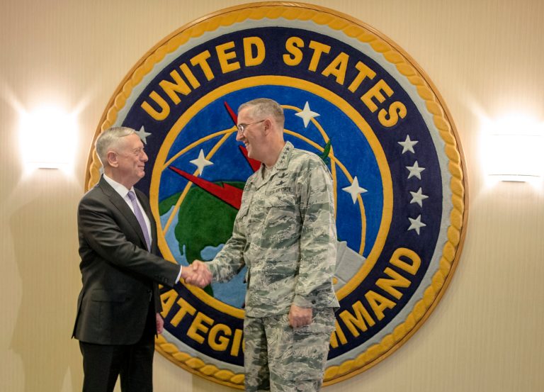 Secretary of Defense Jim Mattis, left, meets with Offutt Air Force Base with Gen. John E. Hyten, the head of Strategic Command, in Bellevue, Neb., on Sept. 14. Mattis will be receiving classified briefings at Strategic Command, which will help him in his 