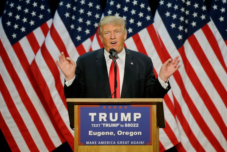 Republican presidential candidate Donald Trump held a campaign rally in Eugene, Ore., last week that drew more than 4,000 supporters and a few dozen protesters. (AP Photo/Ted S. Warren)