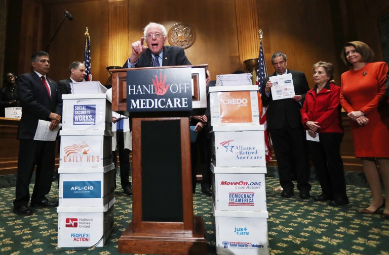 Sen. Bernie Sanders, I-Vt., speaks during a news conference on Capitol Hill in Washington, Wednesday, Dec. 7, 2016, to deliver over million petition signatures demanding that President-elect Donald Trump and Republicans in Congress "keep their hands off the American people's earned Medicare benefits." (AP Photo/Manuel Balce Ceneta)