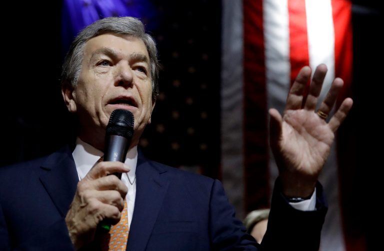 Republican incumbent Sen. Roy Blunt makes his victory speech during an election watch party Tuesday, Nov. 8, 2016 in Springfield, Mo. (AP Photo/Charlie Riedel)