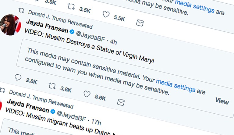 President Trump early Wednesday morning retweeted three tweets from the account of Jayda Fransen, the deputy leader of the British far-right fringe group Britain First. The origins of the videos in the tweets could not immediately be determined. They purport to show violence being committed by Muslims. (Twitter via AP)