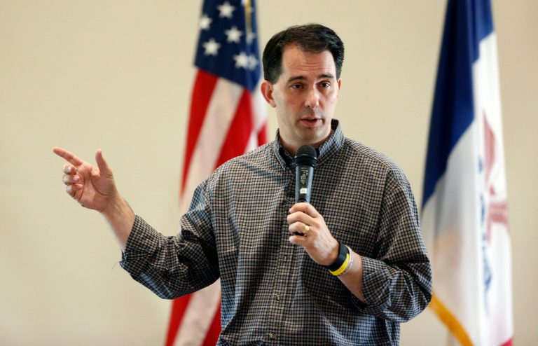 Wisconsin Gov. Scott Walker speaks at a fundraising event at the PIPAC Centre on the Lake Sunday, in Cedar Falls, Iowa. (Matthew Putney/The Courier via AP)