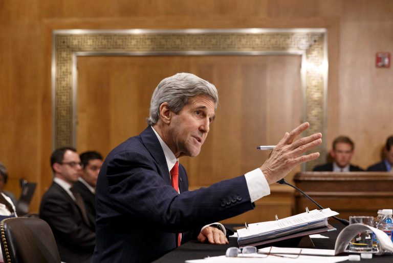 Secretary of State Kerry testifies on Capitol Hill in Washington, Tuesday, April 8, 2014, before the Senate Foreign Relations Committee. (AP Photo/J. Scott Applewhite)