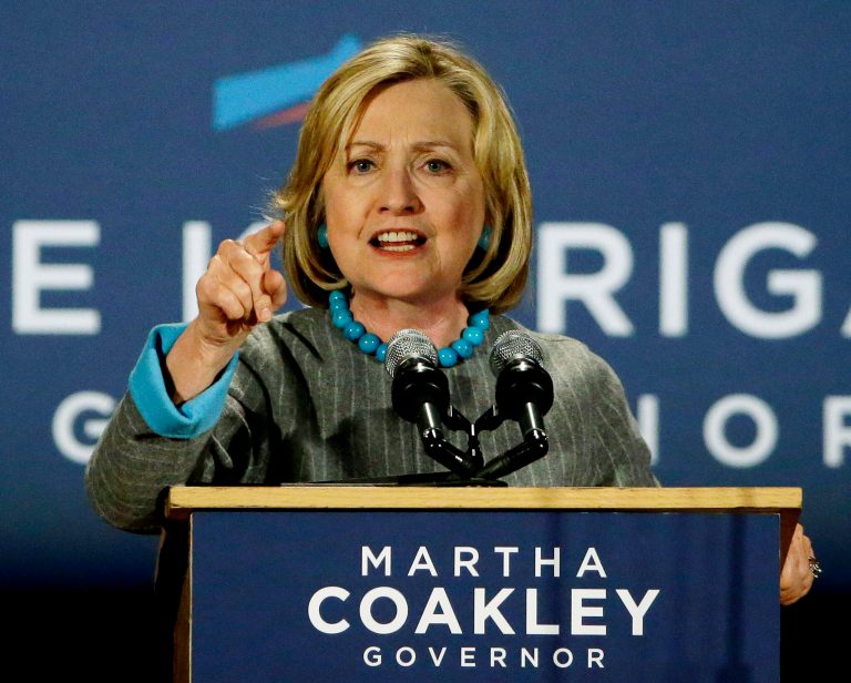 Former Secretary of State Hillary Clinton addresses supporters of Massachusetts Democratic gubernatorial candidate Martha Coakley during a Coakley campaign event at the Park Plaza Hotel in Boston, Friday, Oct. 24, 2014. (AP Photo/Stephan Savoia)
