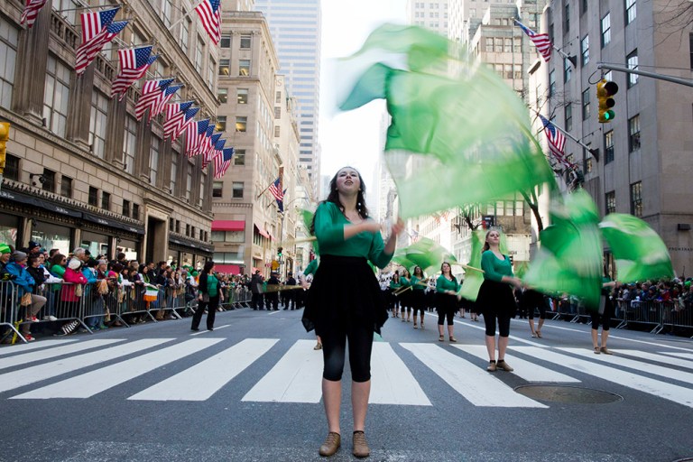 Participants in the St. Patrick's day parade perform as they march up Fifth Avenue, Thursday, March 17, 2016, in New York. (AP Photo/Mary Altaffer)