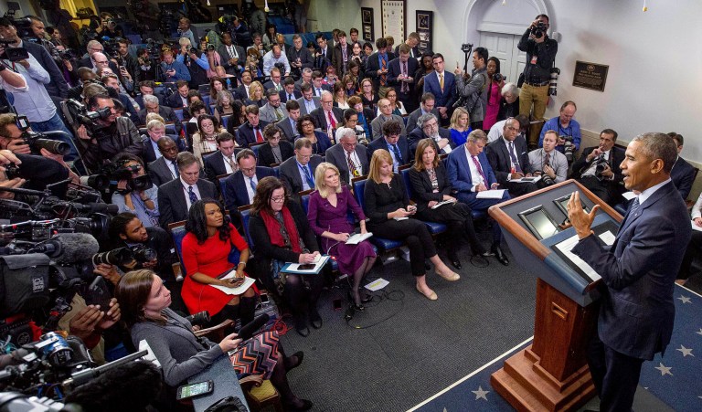 The big TV networks (CBS, NBC, ABC and Fox and CNN) are given the prime front row in the White House briefing room and the national newspapers (New York Times, Washington Post and Wall Street Journal) are seated just behind.(AP Photo/Andrew Harnik)