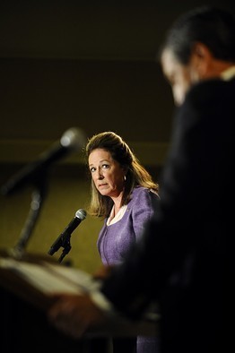 Democratic candidate Elizabeth Colbert Busch, left, looks at former South Carolina Gov. Mark Sanford during a debate. (AP Photo/Rainier Ehrhardt)