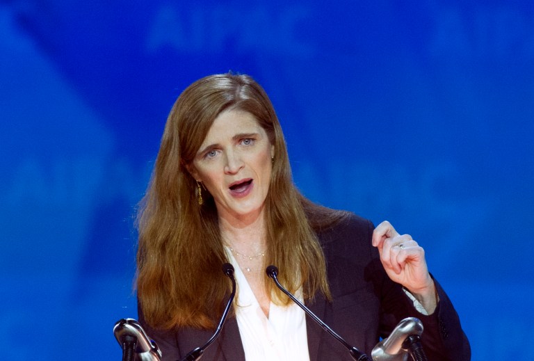 Ambassador Samantha Power referred to a questionable rape accusation during her commencement speech at Barnard College. (AP File Photo)