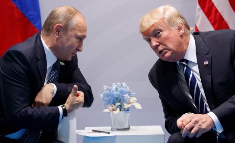 All told, President Trump spent about 40 minutes of their meeting exploring the election meddling issue with Russian President Vladimir Putin. (AP Photo/Evan Vucci)