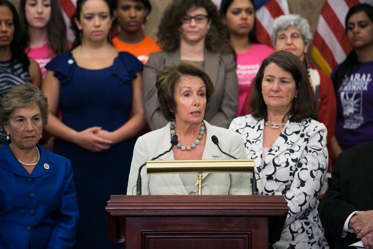 House Minority Leader Nancy Pelosi speaks at a rally on Capitol Hill, Tuesday, July 15th, 2014, about the 