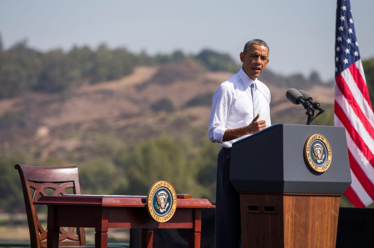 President Obama speaks at Frank G. Bonelli Regional Park in San Dimas, Calif., Friday. Obama designated the nearly 350,000 acres within the San Gabriel Mountains northeast of Los Angeles a national monument. Supporters say the move will provide recreational opportunities for millions of people -- minorities and children in particular -- who live in Los Angeles County, one of the most disadvantaged areas in terms of access to open space. (AP Photo/Evan Vucci)