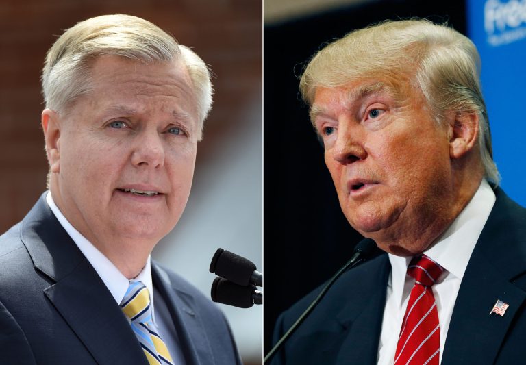 In this combination made from file photos, Republican presidential candidate, U.S. Sen. Lindsey Graham, R-S.C., left, speaks in Central, S.C., and fellow Republican candidate, real estate mogul Donald Trump, speaks in Las Vegas. (AP Photo/Rainier Ehrhardt, John Locher, File)