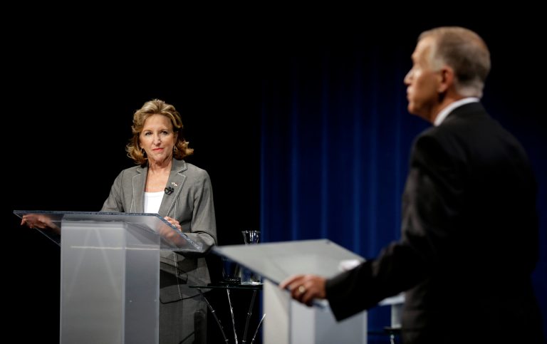 Sen. Kay Hagan, D-N.C., was tied with Republican challenger Thom Tillis at 44 percent, according to a GOP poll shared with the Washington Examiner. (AP Photo/Gerry Broome, Pool)